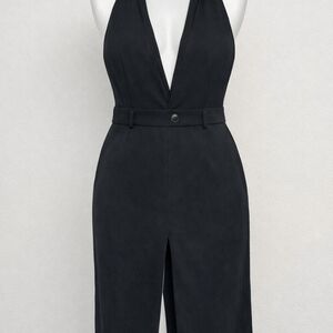 HALARA Black Deep V-Neck Sleeveless Dress with Belted Waist